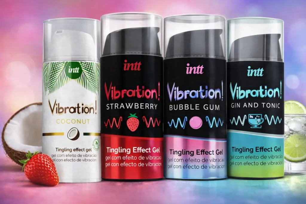 Folyékony vibrátorok, Intt márka. Eper, kókusz, gin-tonik és rágógumi ízesítésű.
